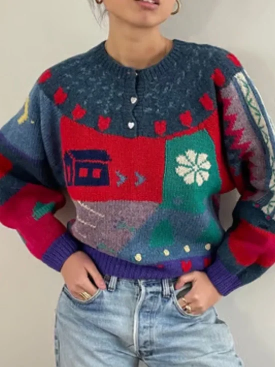 Vintage 80s Eagle eye patchwork wool hand knit cottagecore sweater jumper top - Picture 3 of 10